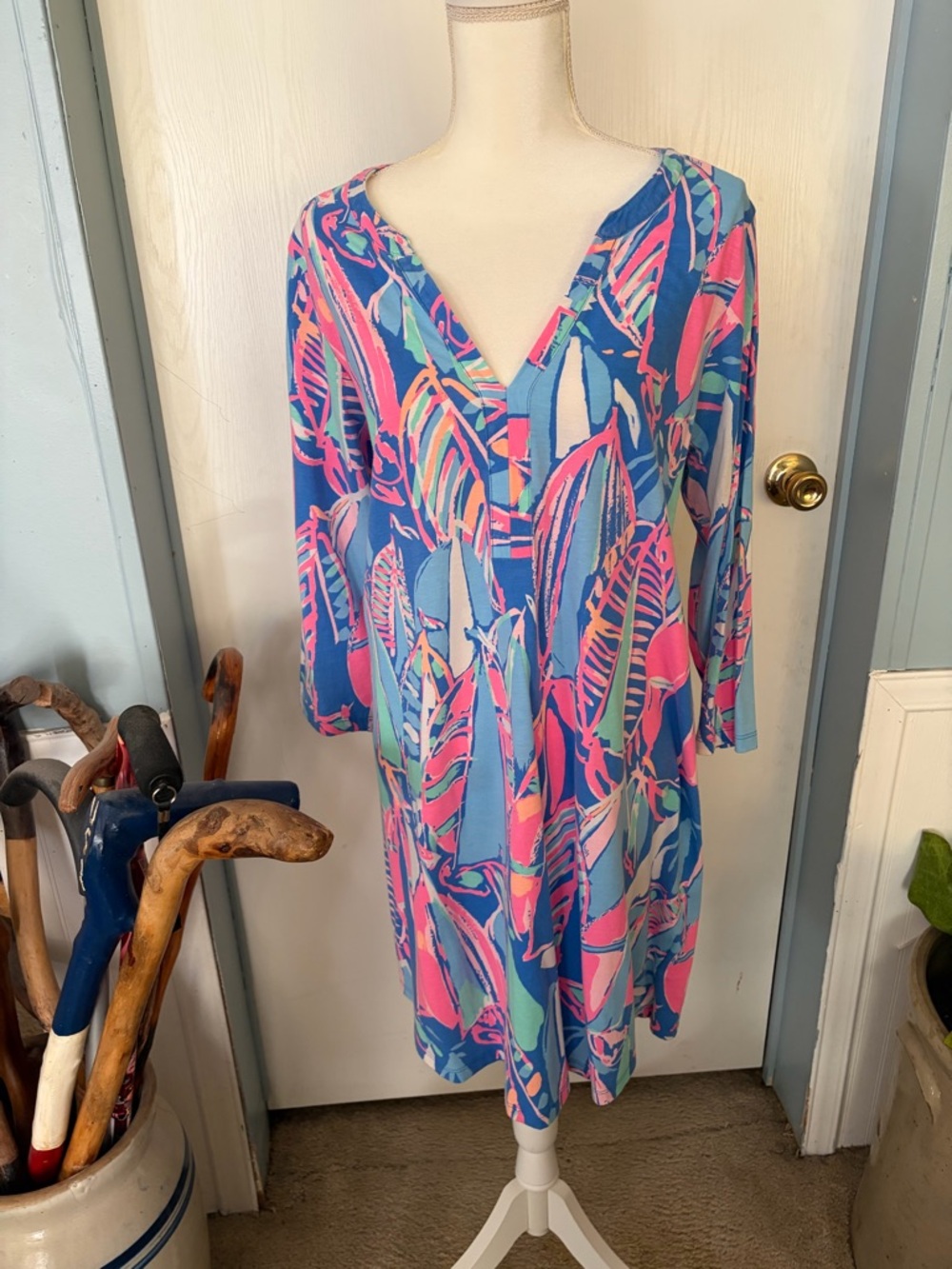 Lilly Pulitzer Blue, Pink & Aqua Tropical-Leaf Midi Dress